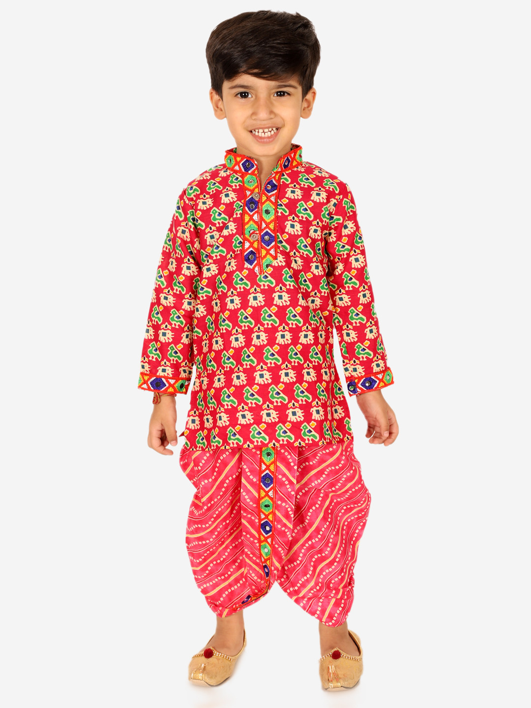 BownBee Boys Pink Ethnic Motifs Printed Regular Pure Cotton Kurta with Dhoti Pants