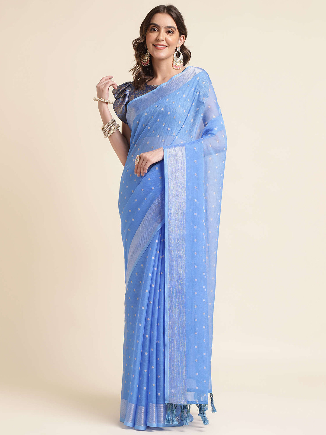 Mitera Blue & Silver-Toned Ethnic Motifs Woven Design Zari Pure Chiffon Saree