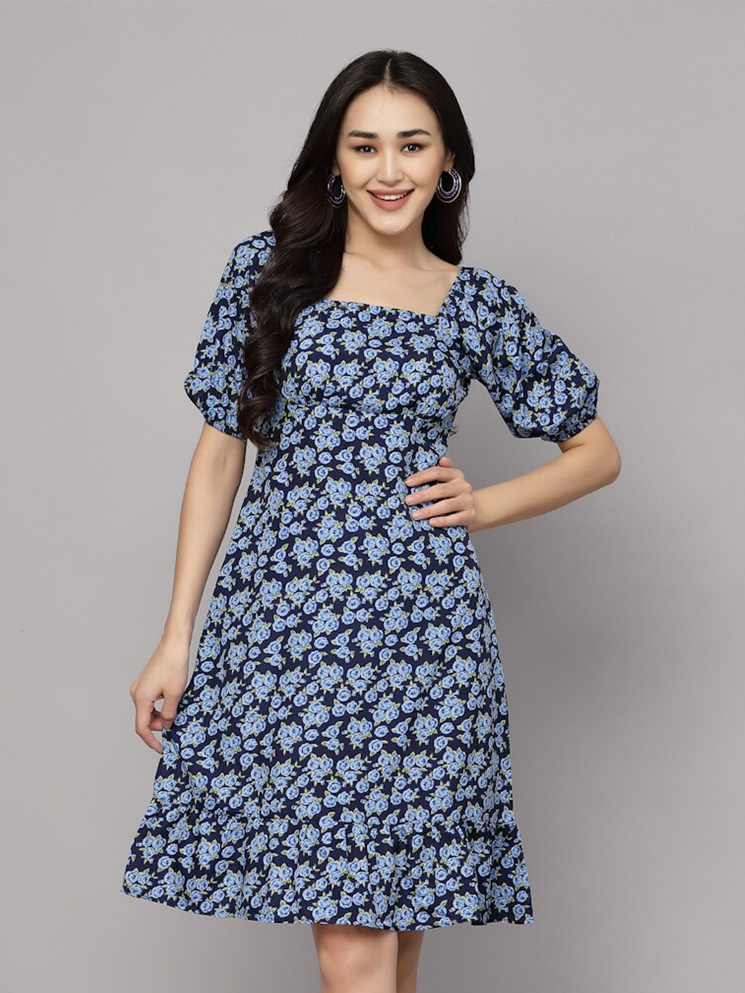 aayu Floral Printed Puff Sleeve Crepe A-Line Dress