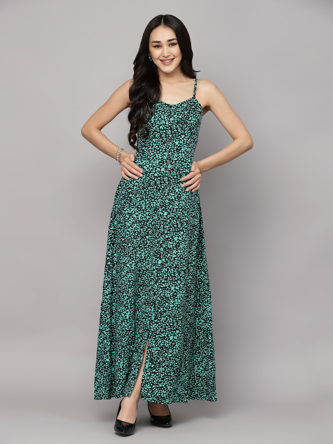 aayu Floral Printed Shoulder Straps Smocked Maxi Dress