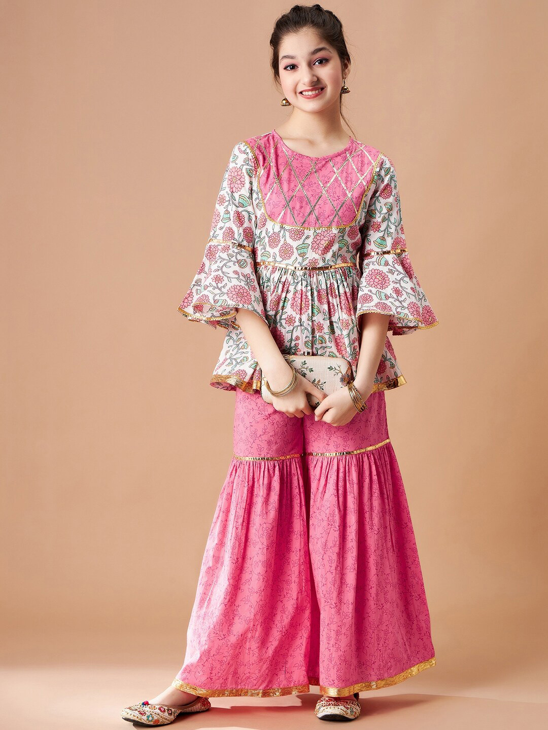 Cherry & Jerry Girls Floral Printed Empire Gotta Patti Pure Cotton Kurti with Sharara