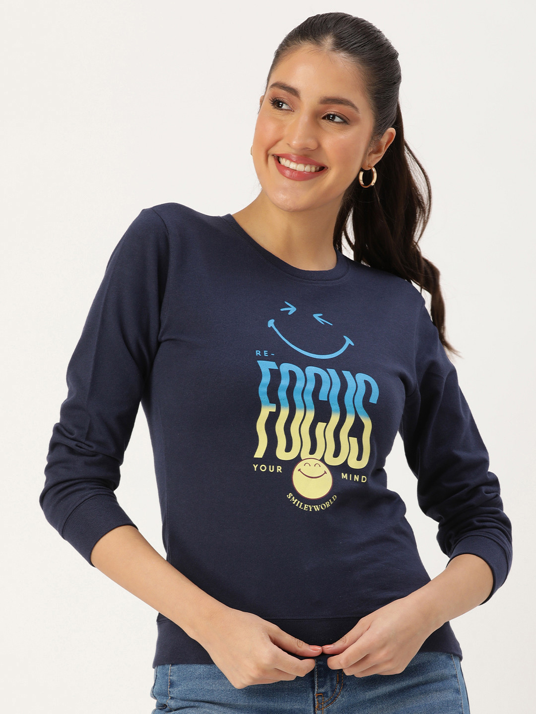 Smiley Women Navy Blue Printed Sweatshirt