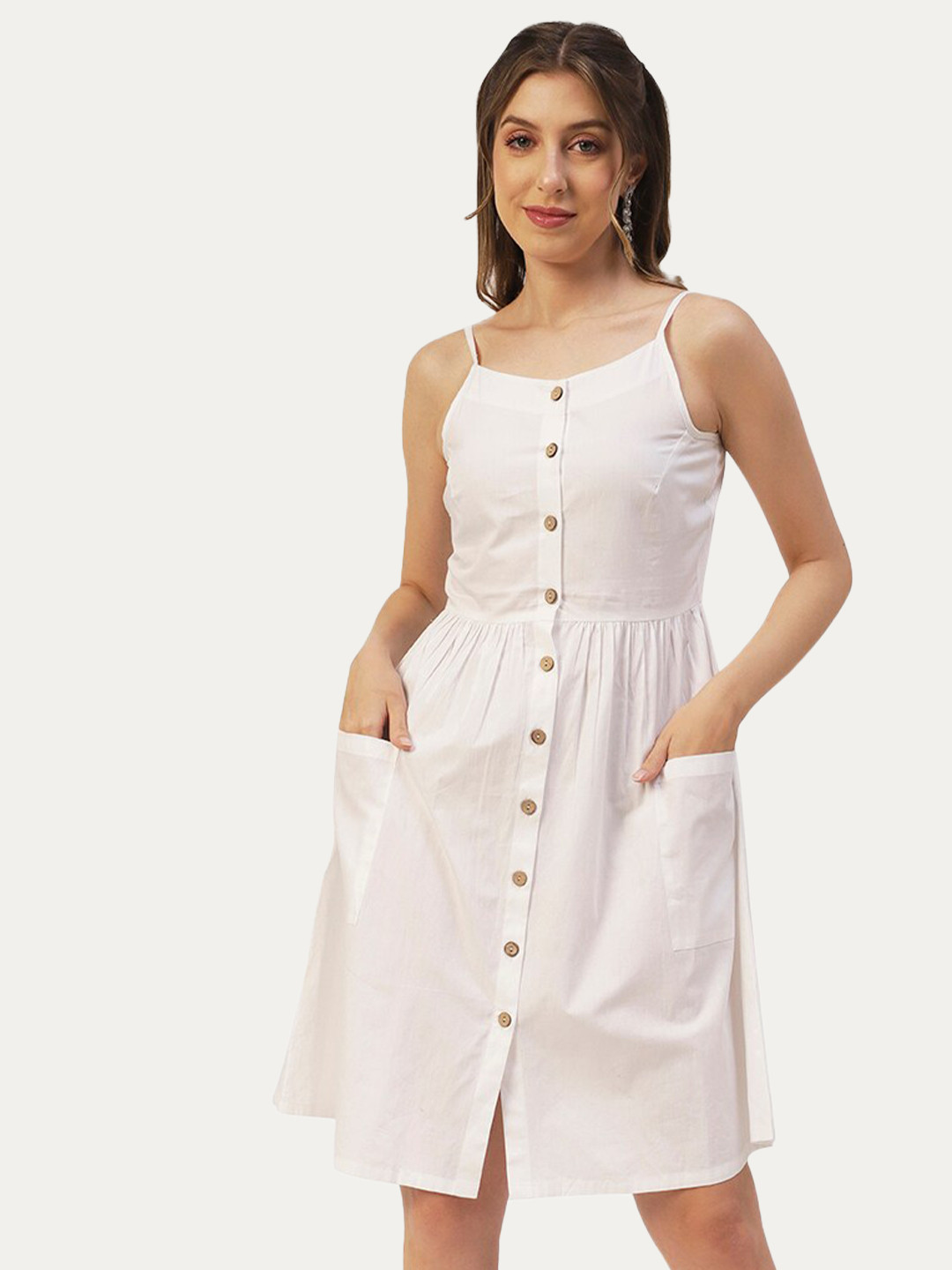 Moomaya Shoulder Straps Gathered Or Pleated Cotton A-Line Dress