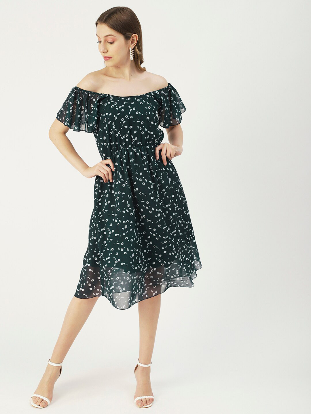 Moomaya Off-Shoulder Floral Print Flared Sleeve A-Line Dress
