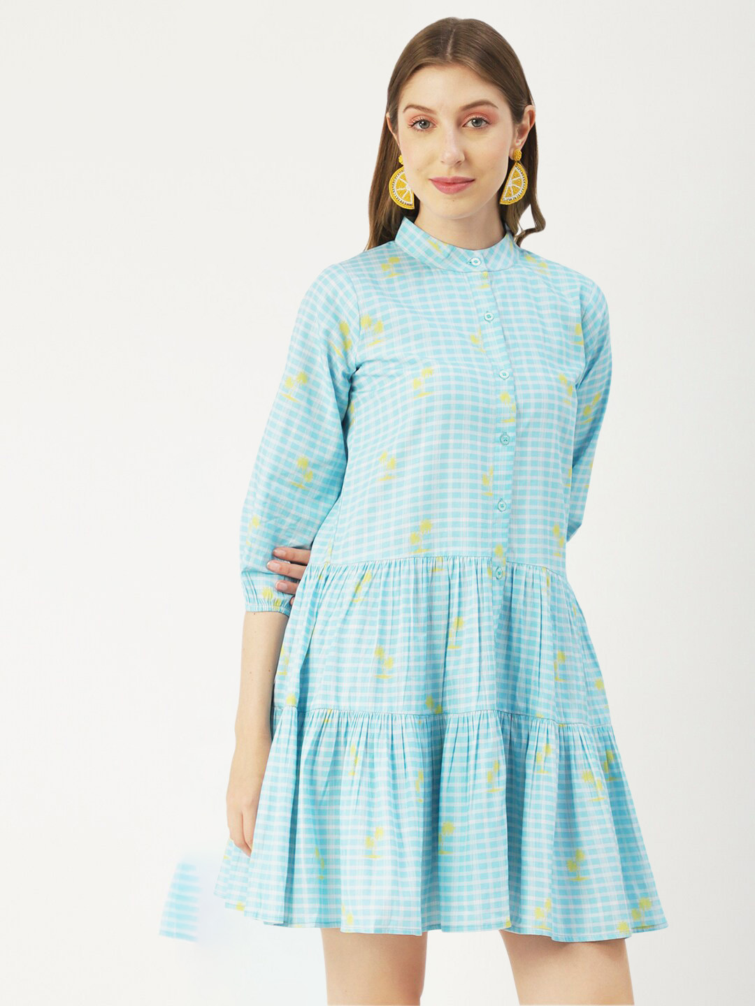Moomaya check Printed Tiered Mandarin Collar Cotton A-Line Mini Dress