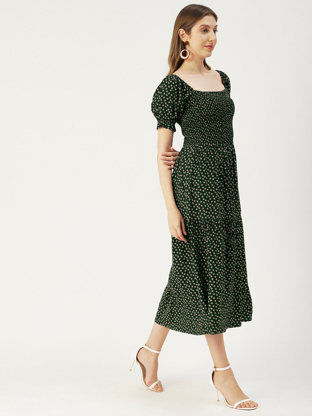 Moomaya Floral Printed Square Neck Puffed Sleeves Smocked Fit & Flare Midi Dress