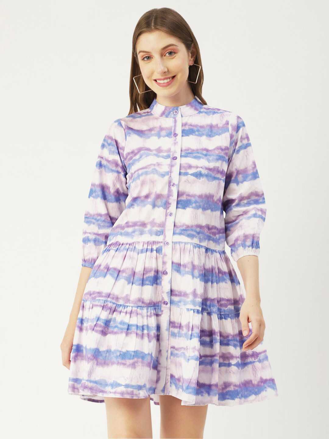 Moomaya Mandrain Collar Tie and Dye Dyed Fit & Flare Dress