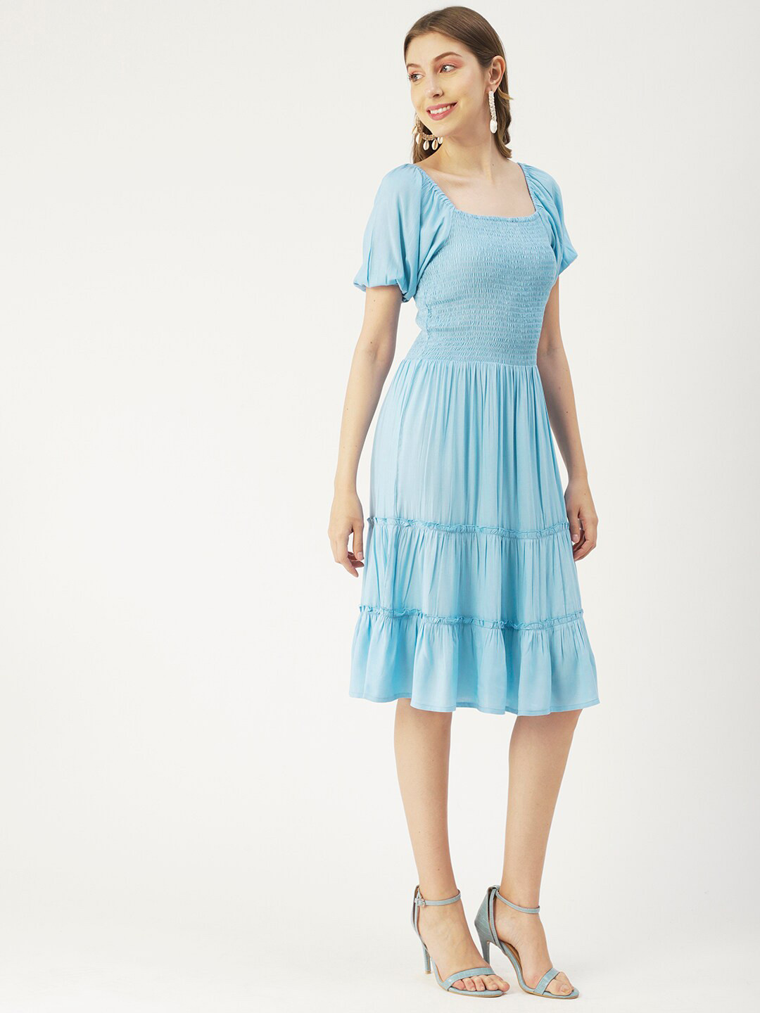 Moomaya Smocked Square Neck Fit & Flare Dress