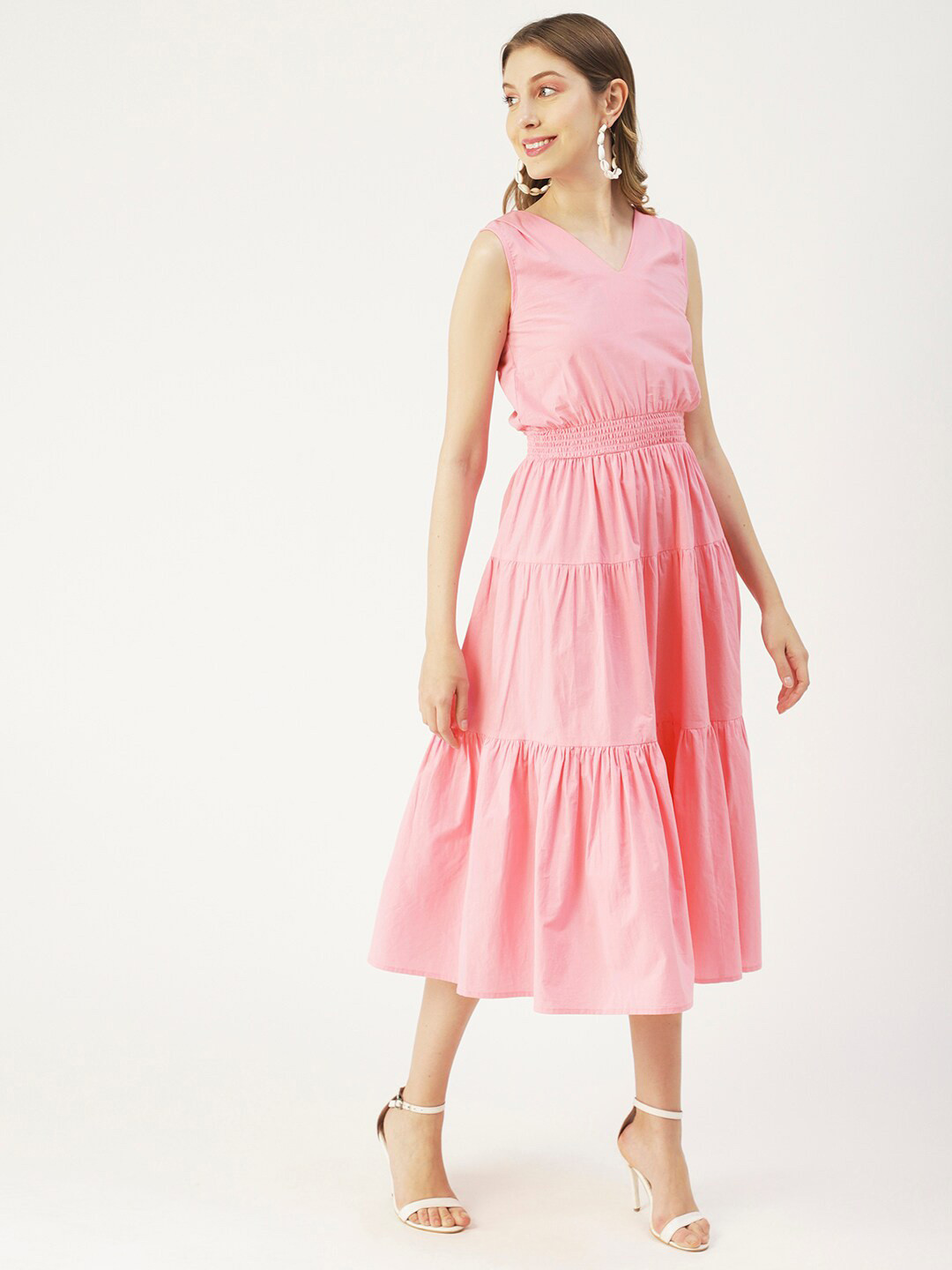 Moomaya , Smocked Effect Tiered V Neck Midi Dress