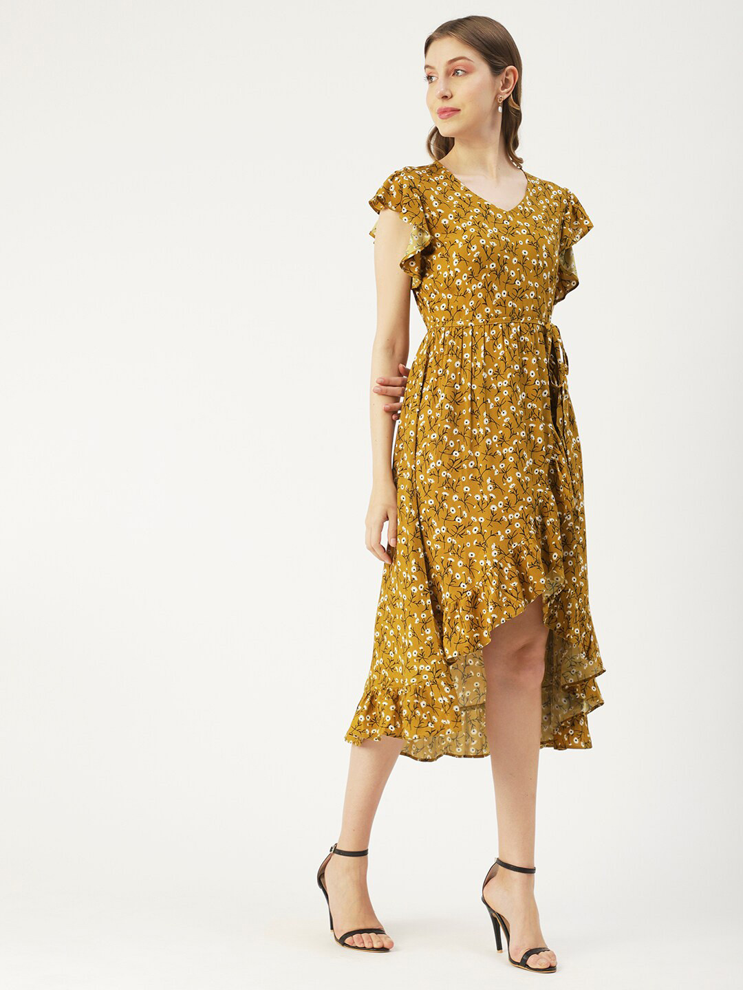 Moomaya Yellow Floral Print Flutter Sleeve Tulip Hem A-Line Midi Dress