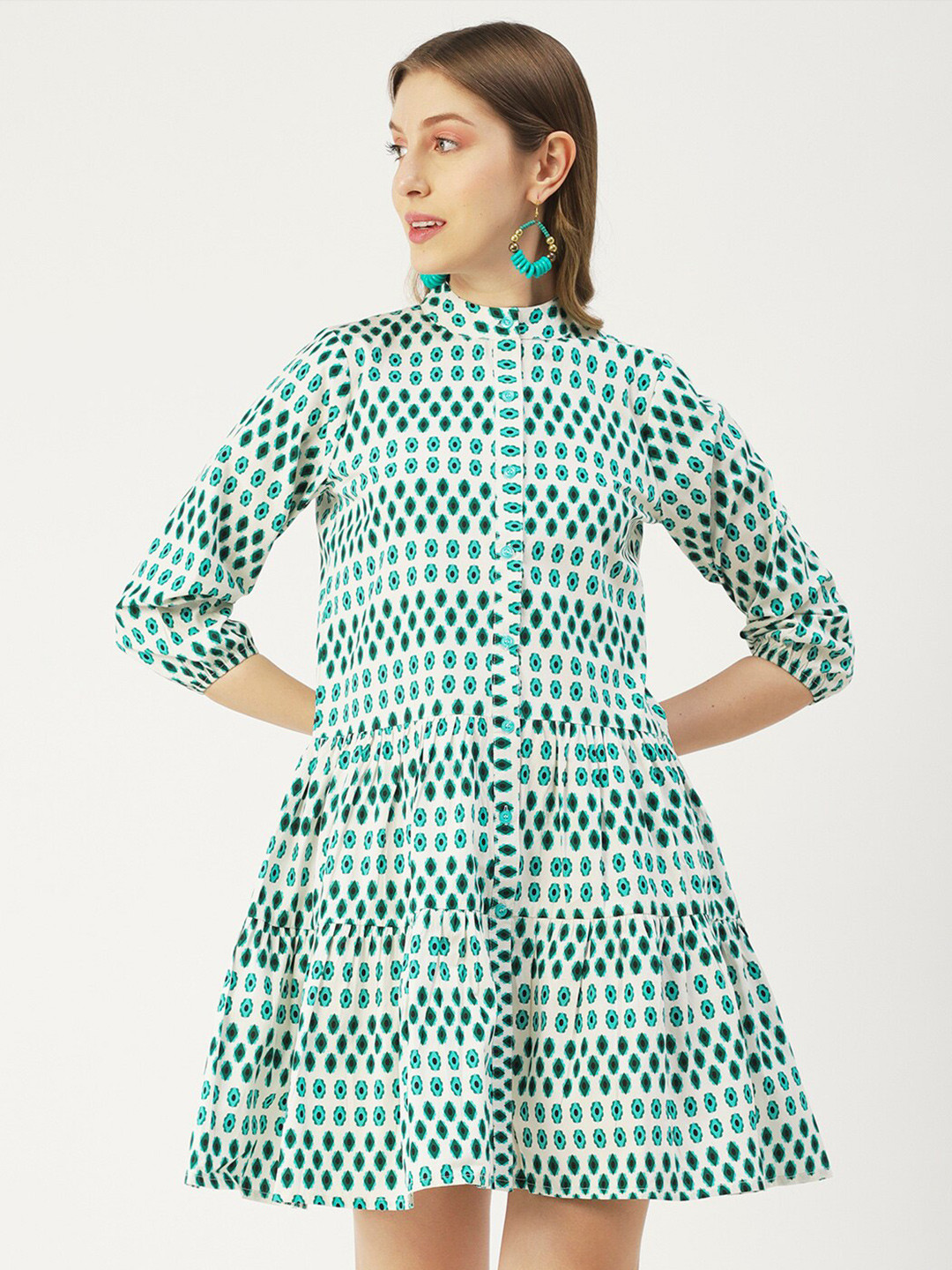 Moomaya Geometric Printed Band Collar Gathered Tiered Cotton A-Line Dress