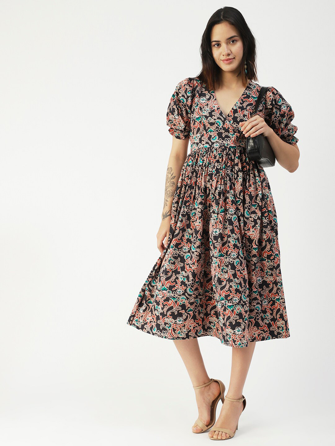 Moomaya V-Neck Puff Sleeve Gathered or Pleated Fit & Flare Midi Dress