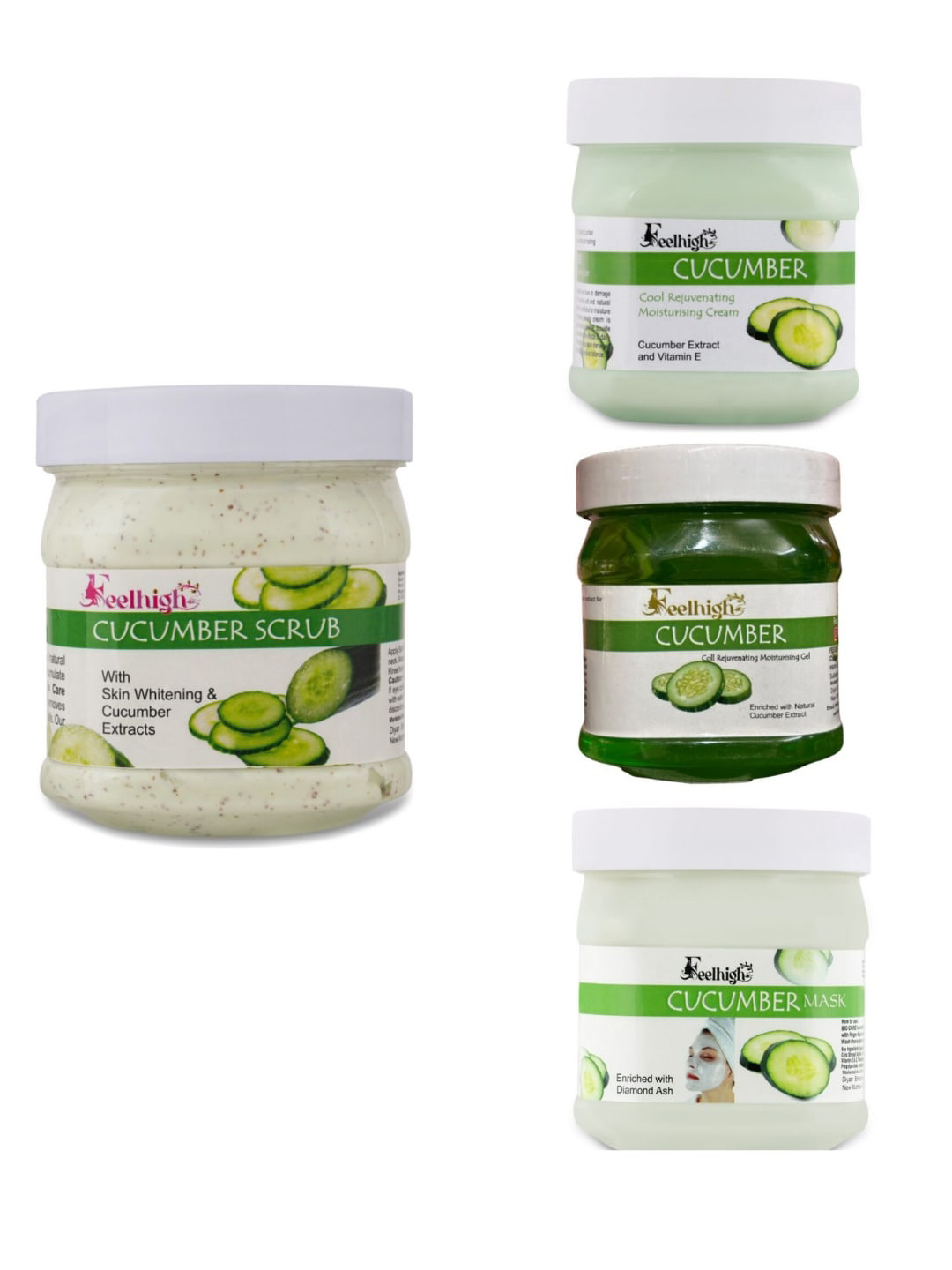 FEELHIGH Set Of 4 Cucumber Face Cream- Mask - Gel & Scrub 500ml Each
