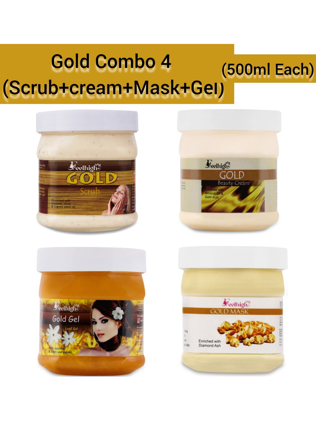 FEELHIGH Set Of 4 Gold Face Cream- Mask - Gel & Scrub 500ml Each