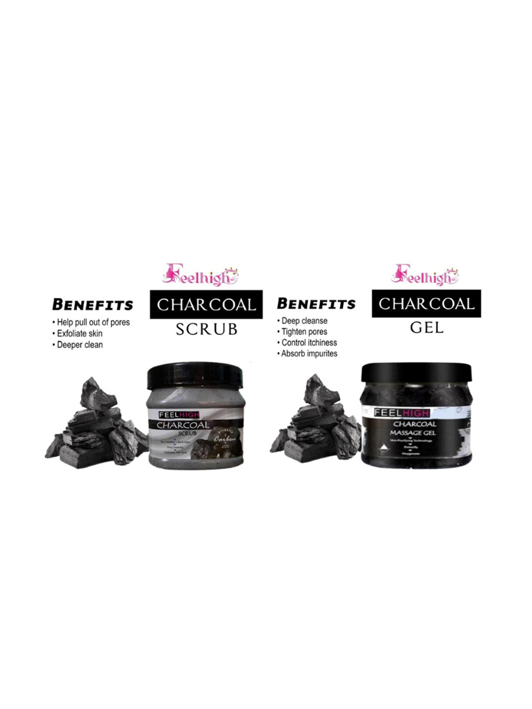 FEELHIGH Set Of 4 Charcoal Face Scrub - Mask - Gel & Peel Off Mask - 500ml Each