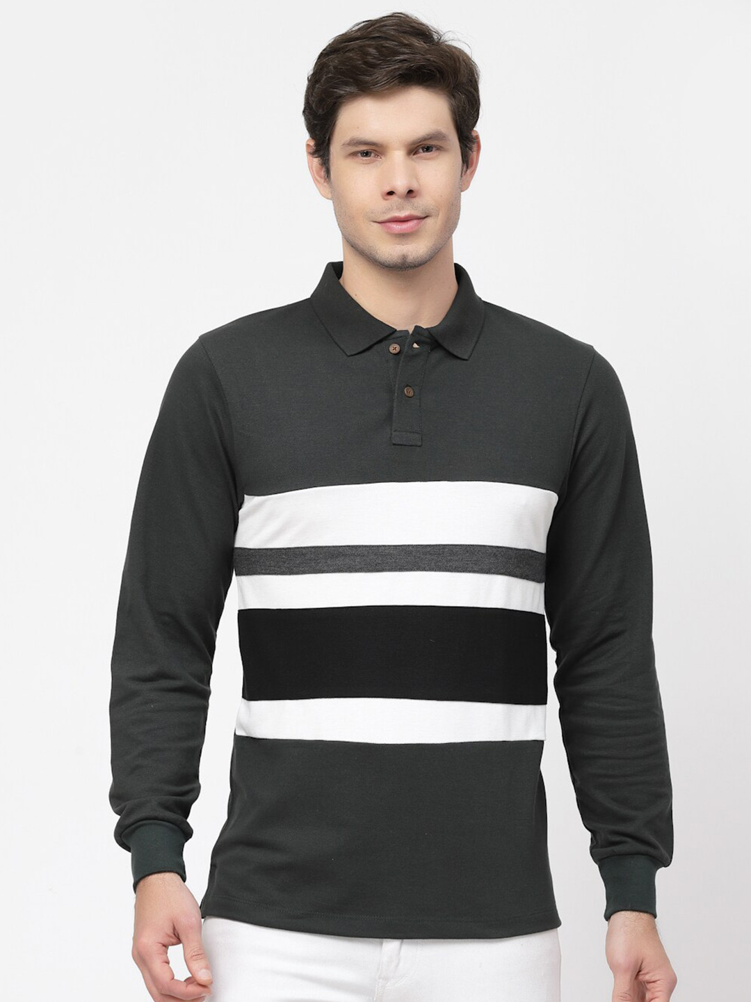Kalt Striped Polo Collar Cotton Casual T-shirt