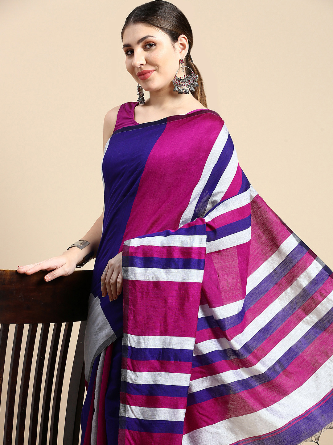 DESH BIDESH Ghicha Striped Cotton Silk Saree