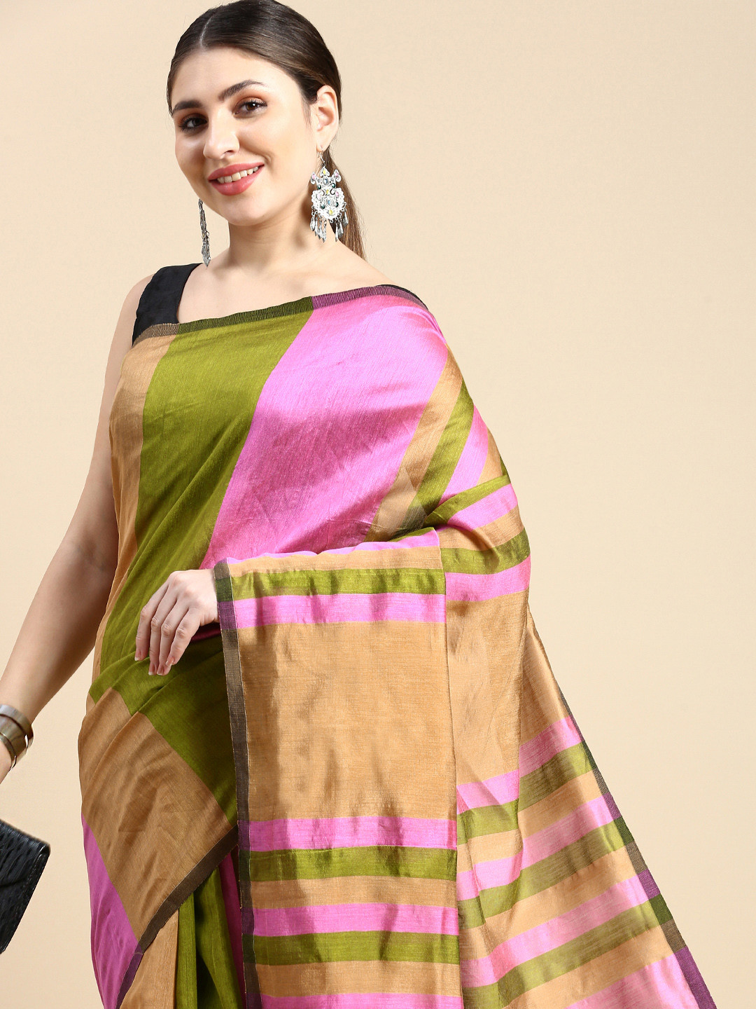 DESH BIDESH Ghicha Colourblocked Cotton Silk Saree