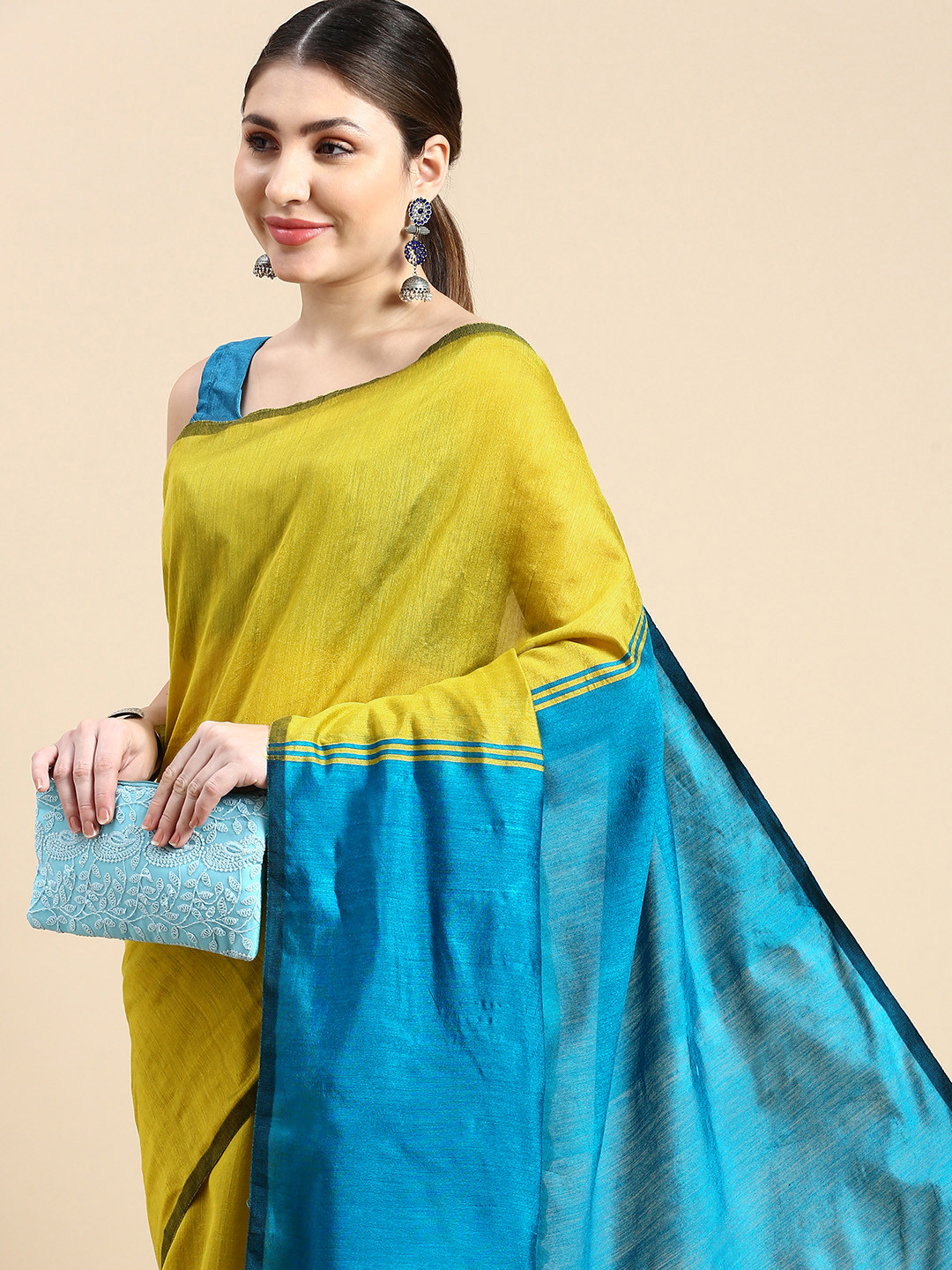 DESH BIDESH Ghicha Colourblocked Cotton Silk Saree
