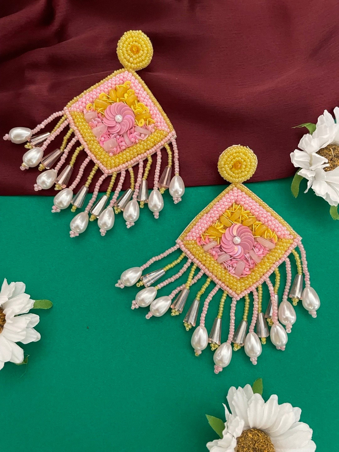 Digital Dress Room Floral Beaded Geometric Shaped Drop Earrings