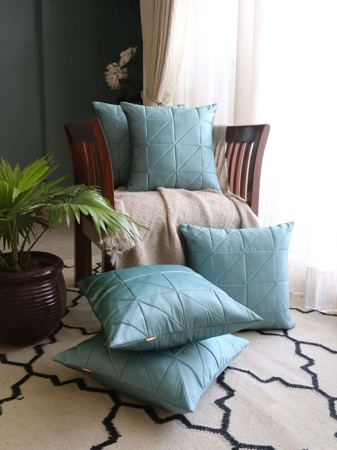 ANS Blue Self Design Polyester Anti-Wrinkle 5 Pcs Textured Square Cushion Covers -16x16In