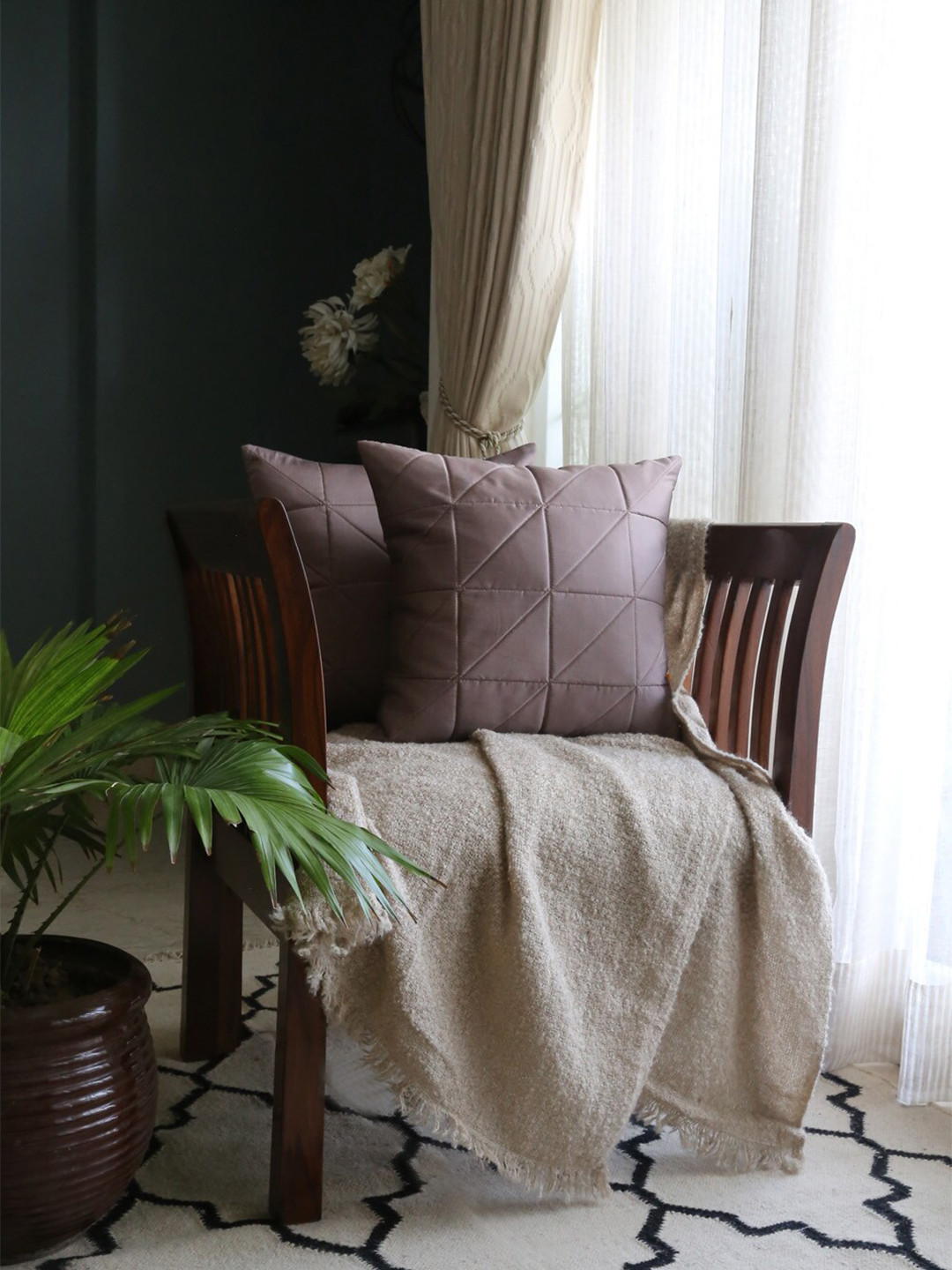 ANS Brown Geometric Polyester Silk Quilted 2 Piece Textured Square Cushion Covers -16x16In