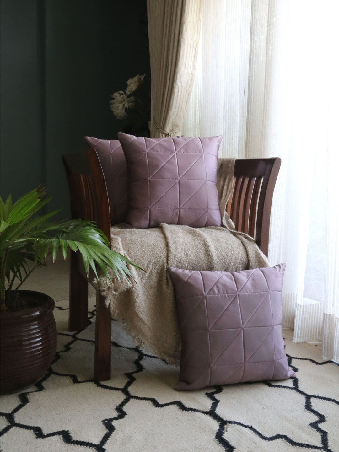 ANS Lavender Geometric Polyester Quilted 3 Square Cushion Covers -16x16In