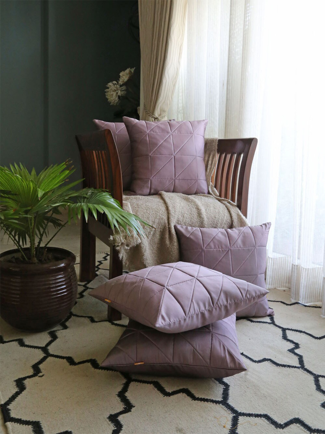ANS 5 Pcs Lavender Quilted Square Cushion Covers