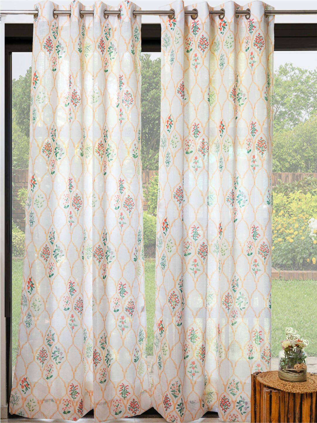 URBAN SPACE 2 Pieces White & Orange Floral Sheer Long Door Curtain