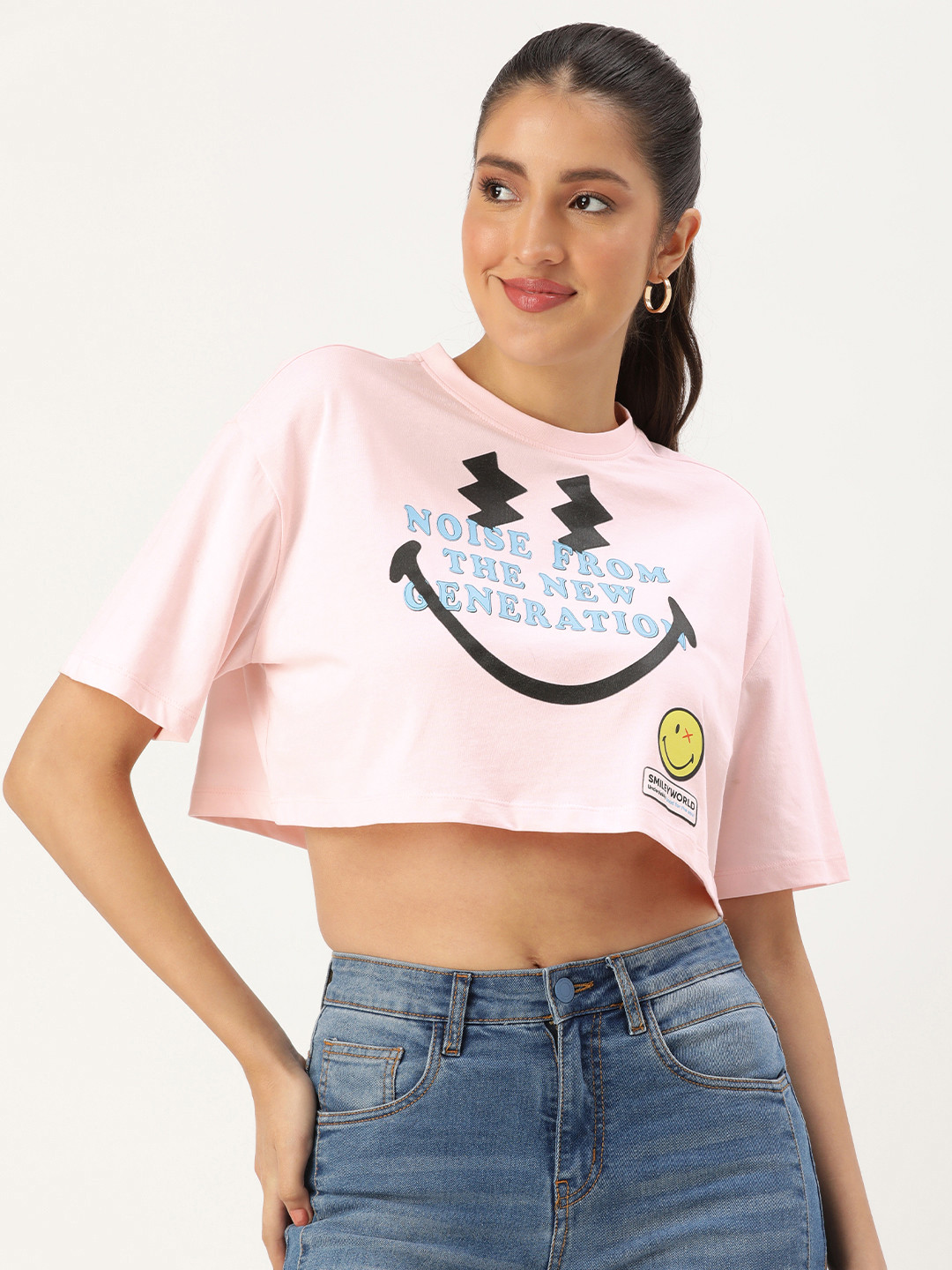Smiley Graphic Printed Drop-Shoulder Sleeves Boxy T-shirt