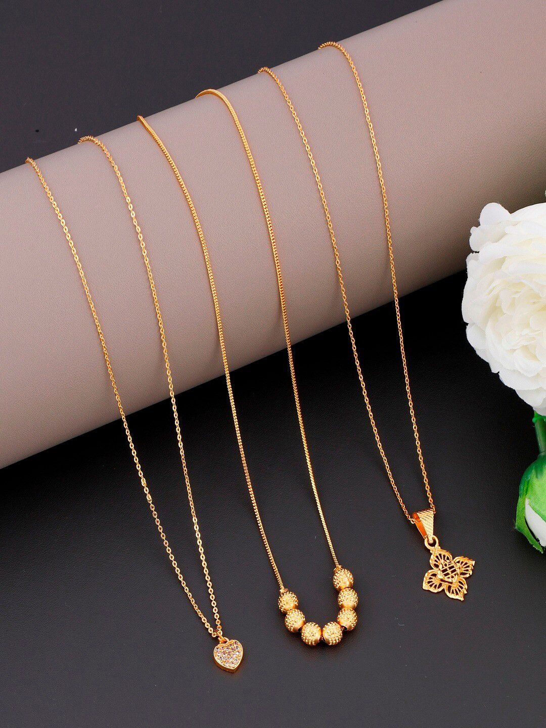JEWEL WORLD Set Of 3 Gold-Plated Stone Studded Minimal Chains