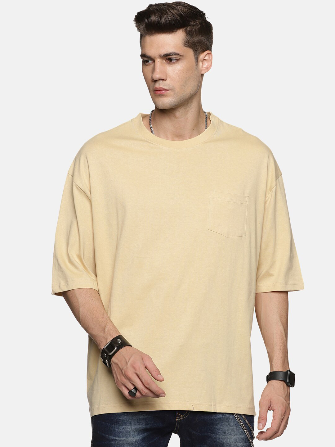 Roadster Beige Pure Cotton Oversized T-Shirt