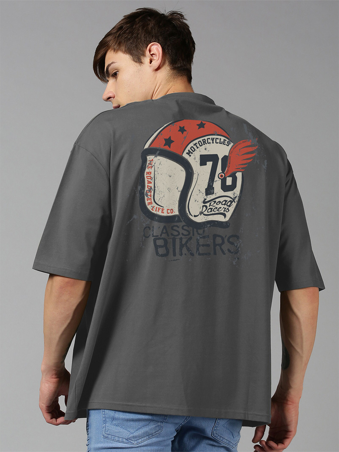 Roadster Grey Graphic Printed Pure Cotton Oversized T-shirt