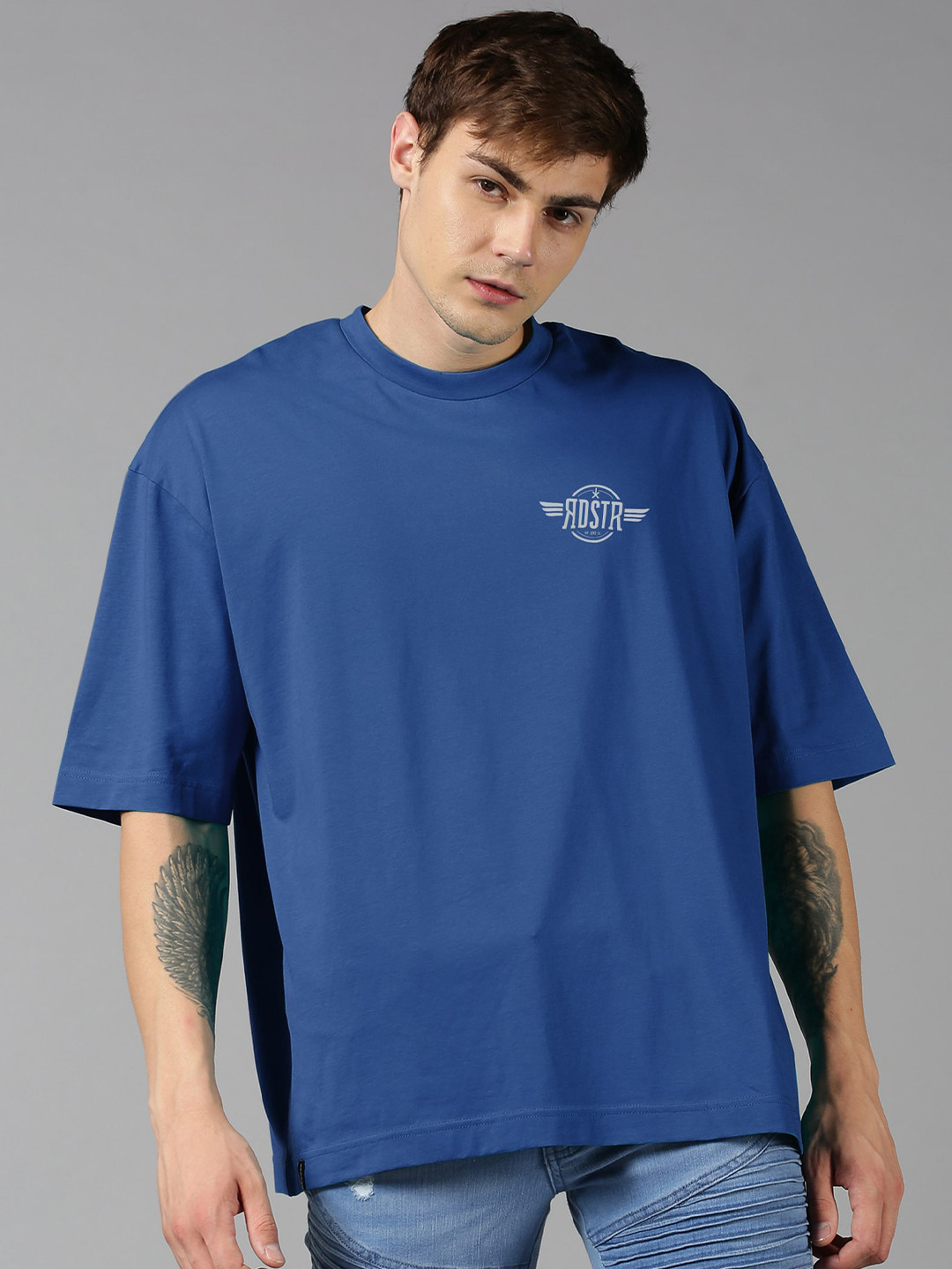 Roadster Blue Graphic Printed Pure Cotton Oversized T-shirt
