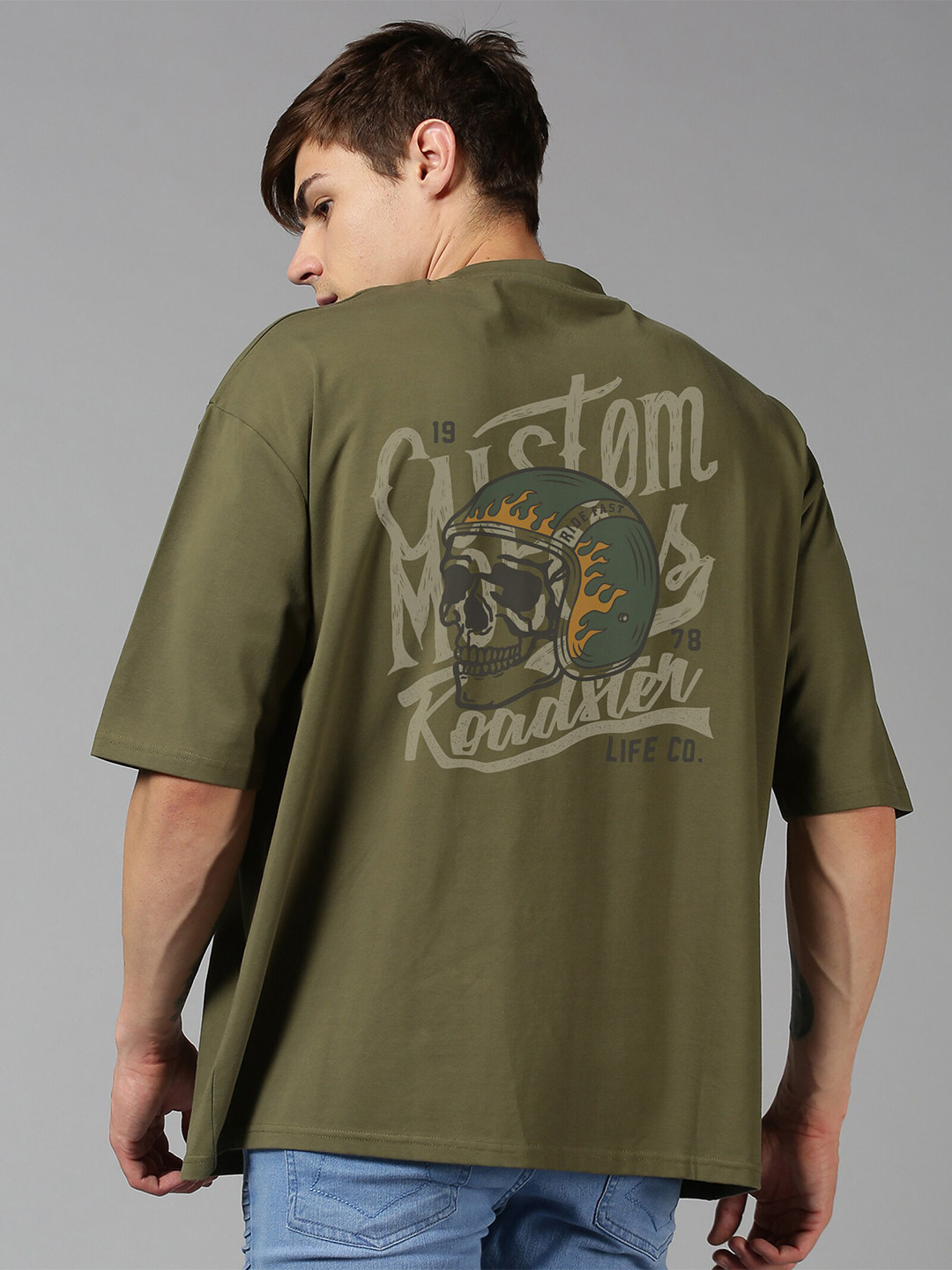 Roadster Olive Graphic Printed Pure Cotton Oversized T-shirt