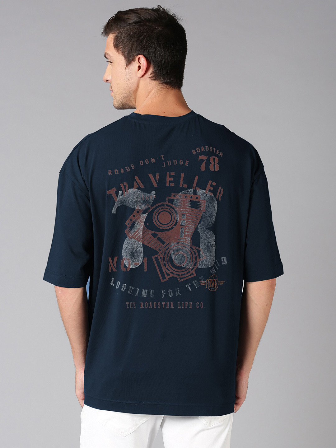 Roadster Navy Blue Graphic Printed Pure Cotton Oversized T-shirt