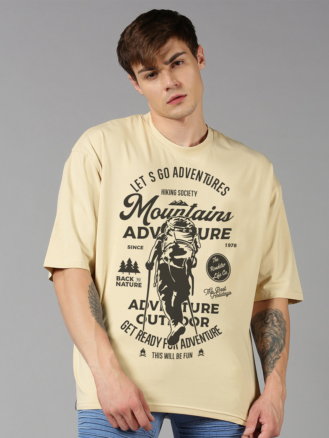 Roadster Beige Typography Printed Pure Cotton Oversized Tshirt