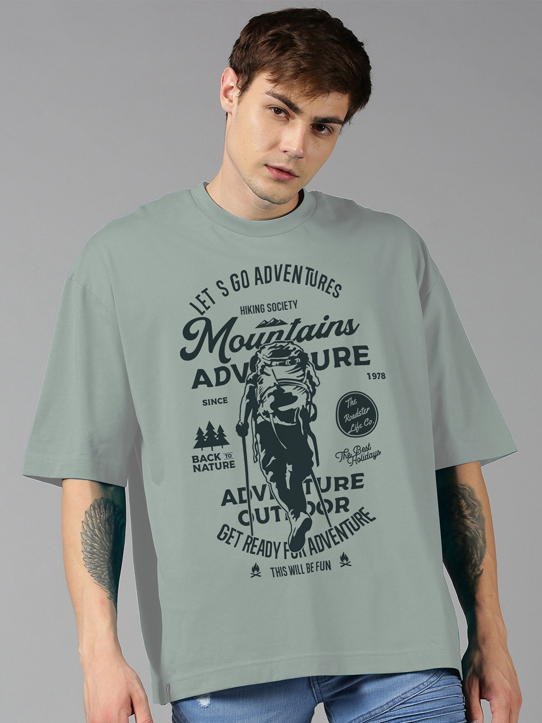 Roadster Grey Typography Printed Pure Cotton Oversized Tshirt
