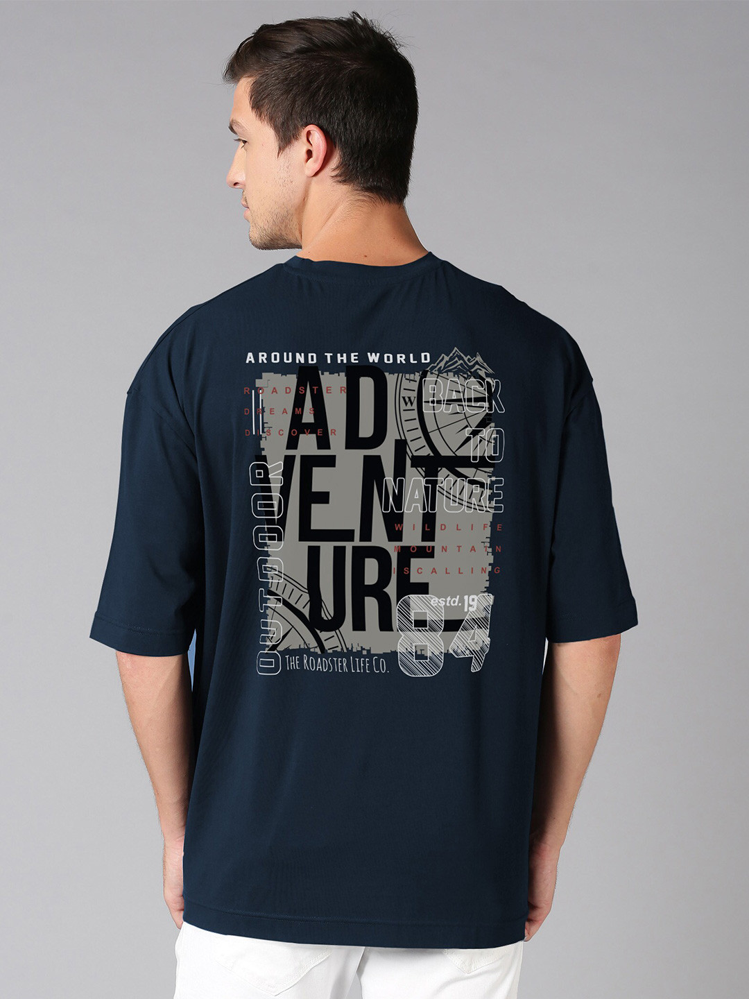 Roadster Navy Blue Typography Printed Pure Cotton Oversized Tshirt