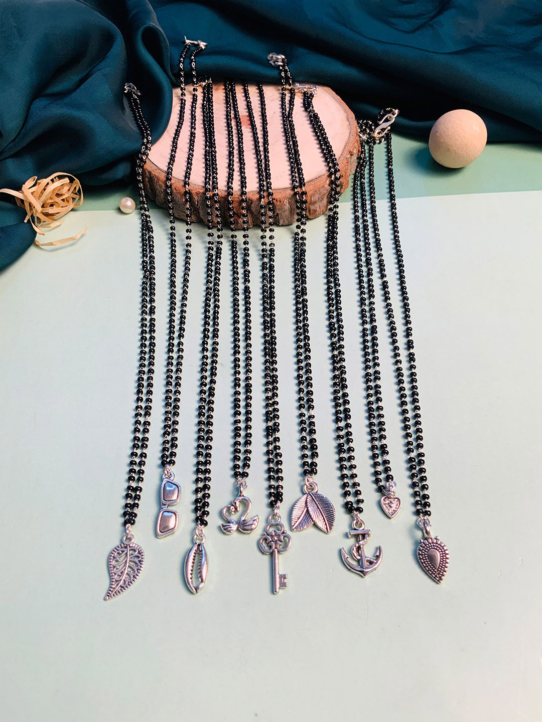 ABDESIGNS Set Of 9 Silver-Plated AD Stone-Studded & Beaded Mangalsutra