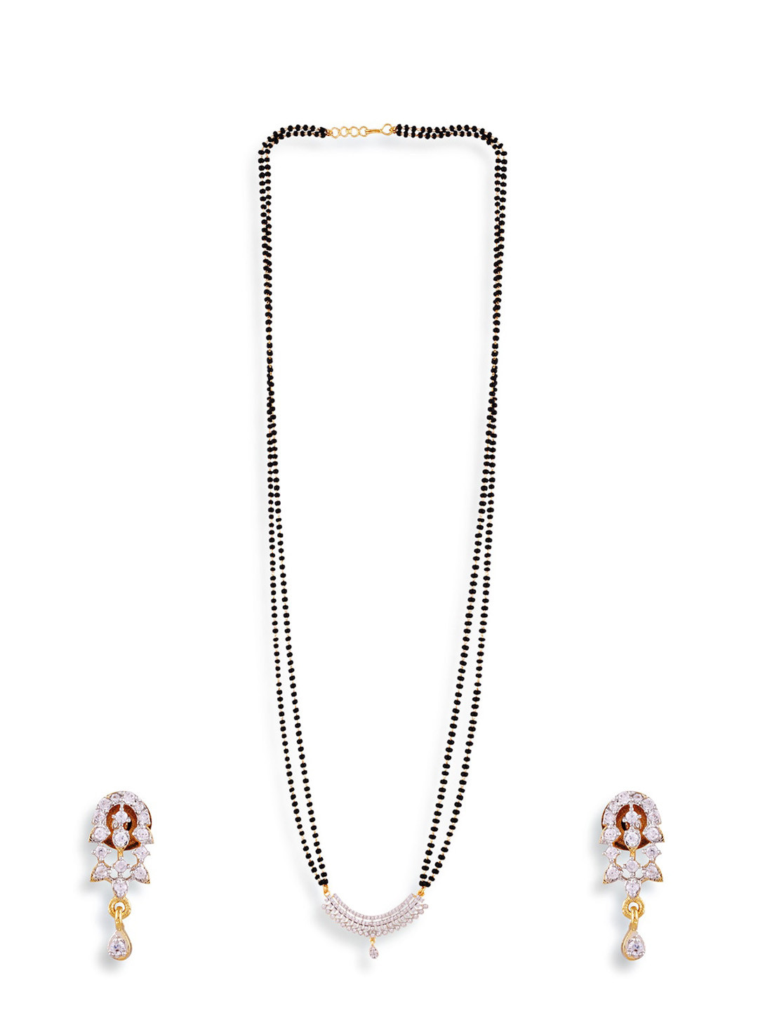 ABDESIGNS Gold-Plated AD-Studded & Beaded Long Mangalsutra With Earrings