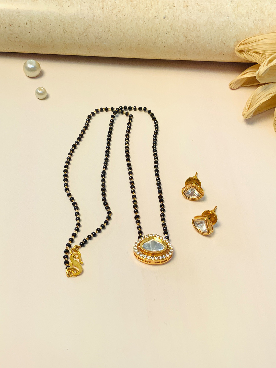 ABDESIGNS Gold-Plated Kundan Polki-Studded & Beaded Long Mangalsutra With Earrings