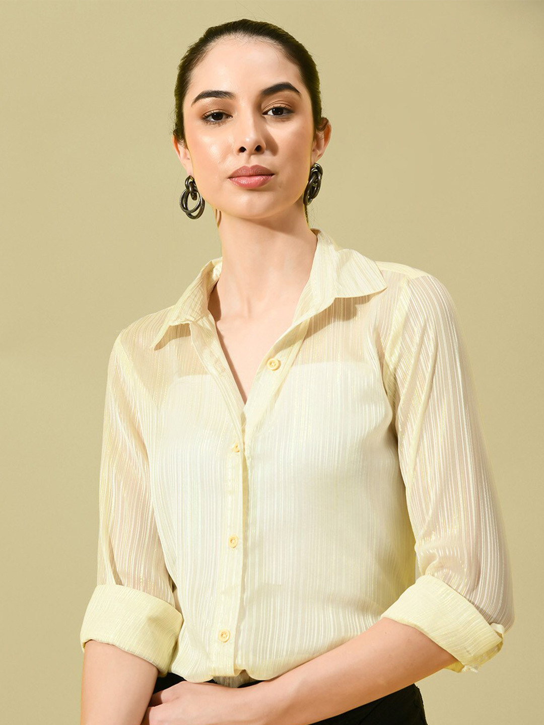 CHARMGAL Classic Vertical Stripes Spread Collar Long Sleeve Semi Sheer Casual Shirt
