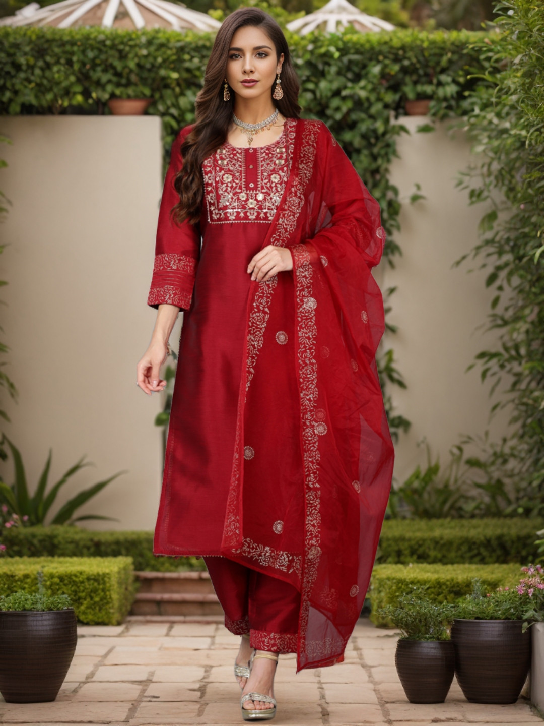 AHIKA Yoke Design Embroidered Regular Kurta with Trousers & With Dupatta