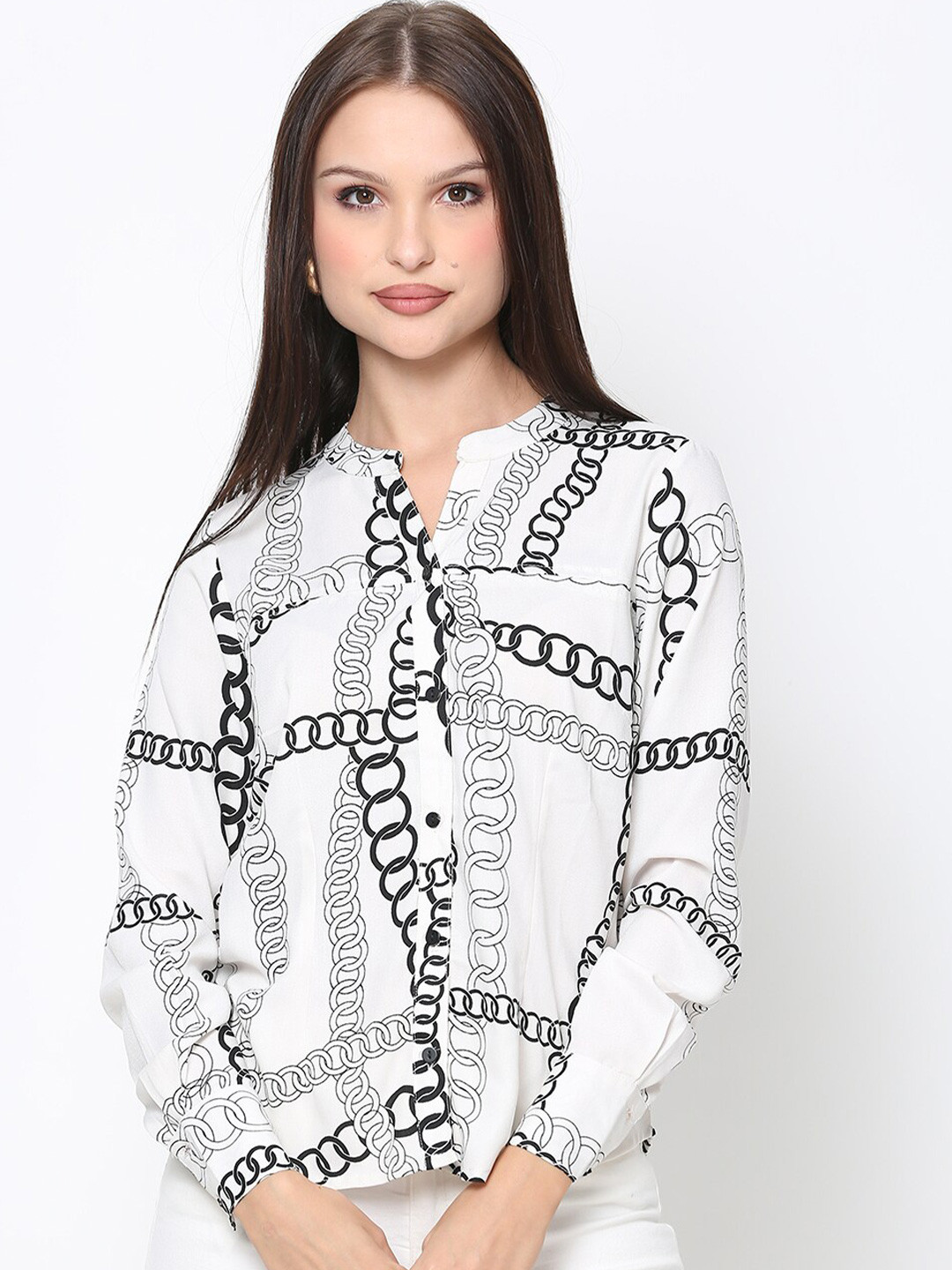 DRIRO Abstract Printed Mandarin Collar Shirt Style Top
