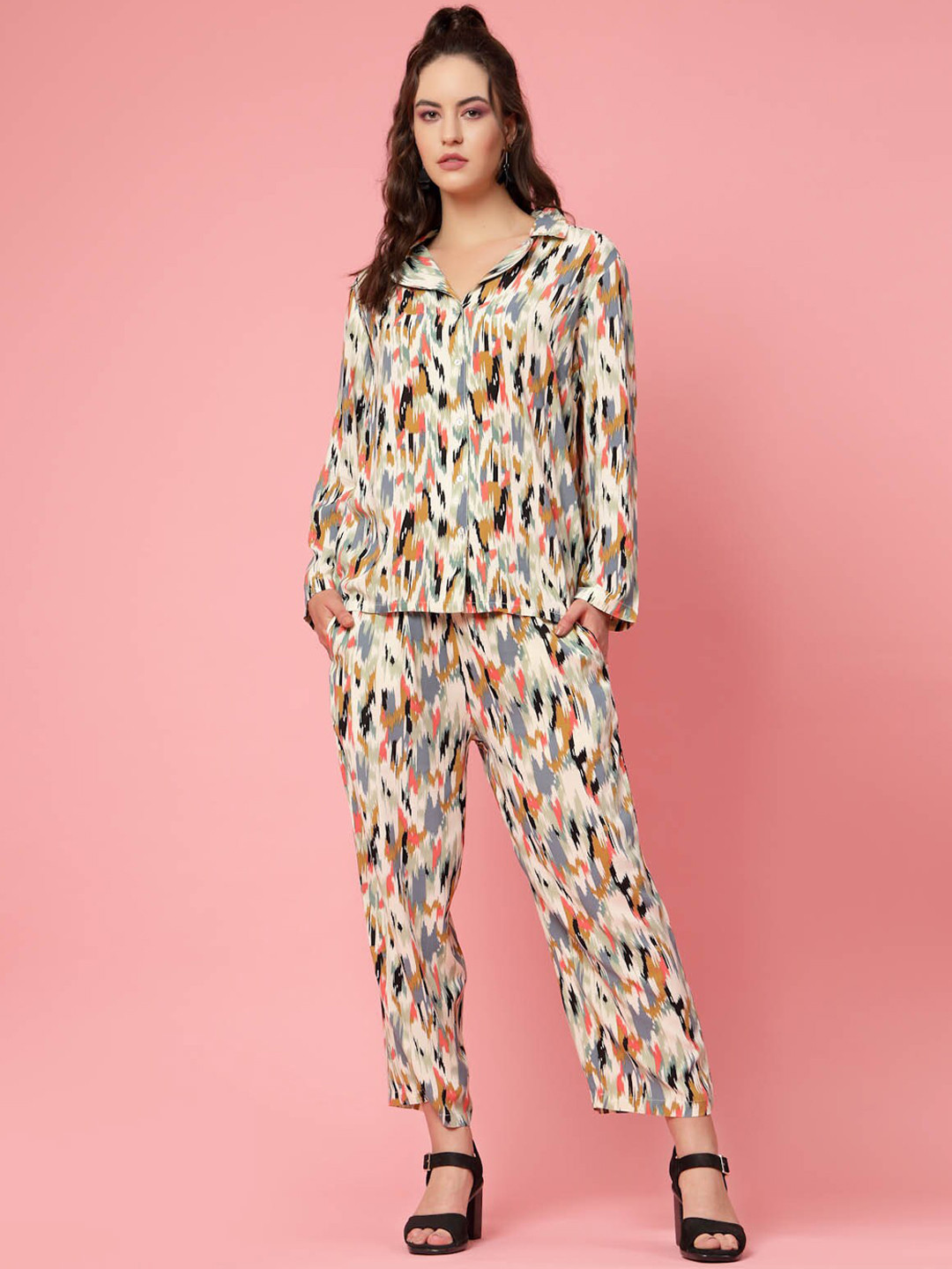 plusS Beige & Yellow Abstract Printed Lapel Collar Shirt & Trouser