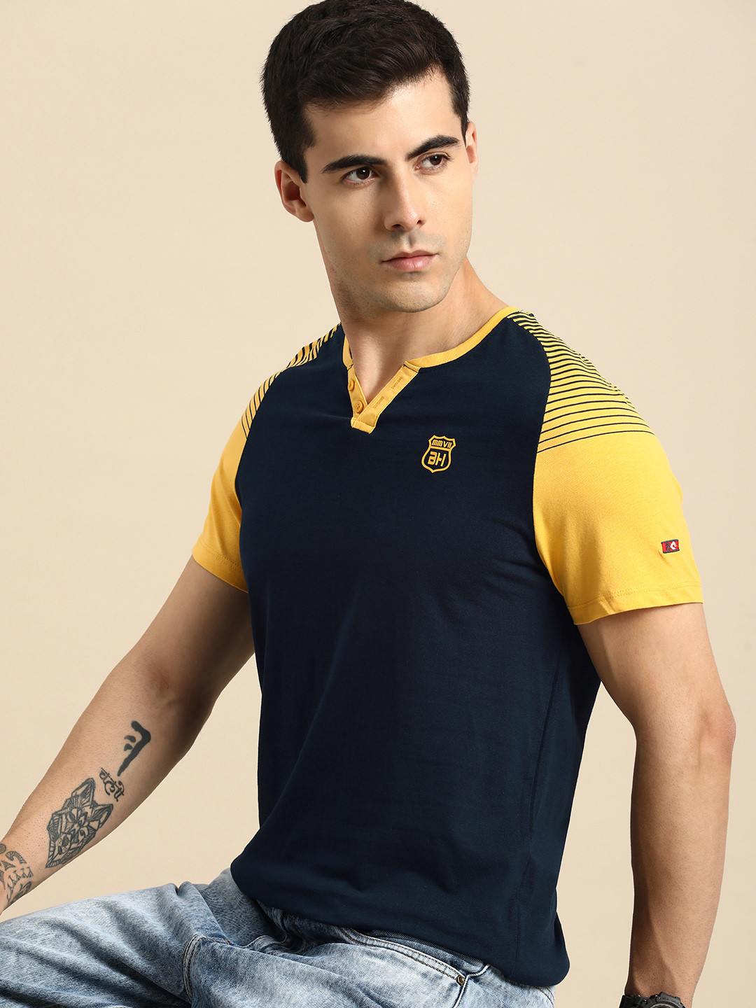 Being Human Colourblocked Henley Neck Pure Cotton T-shirt