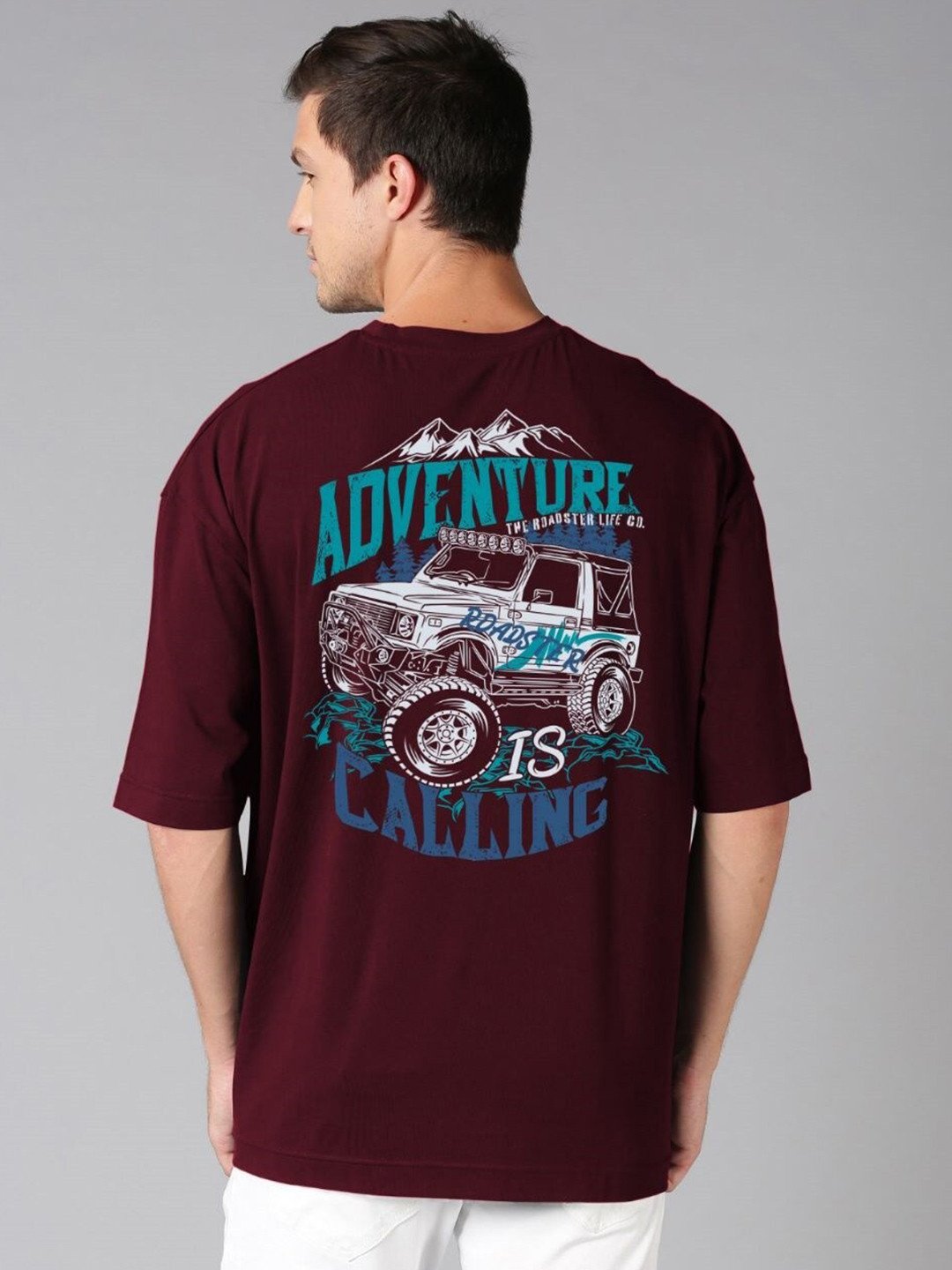 Roadster Maroon & Blue Graphic Printed Pure Cotton Oversized T-Shirt