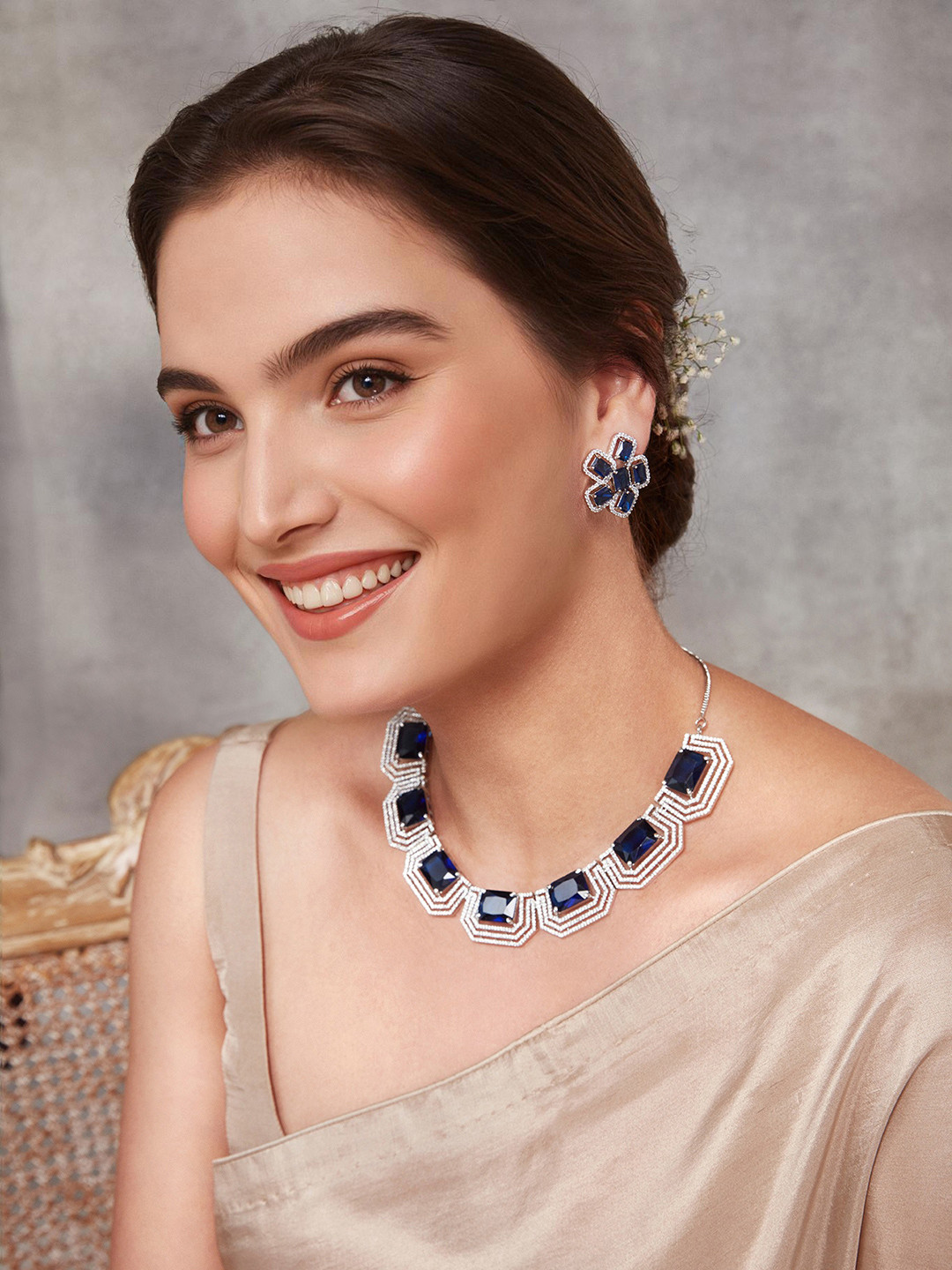 Priyaasi Silver-Plated Block Flower American Diamond Studded Necklace Jewellery Set