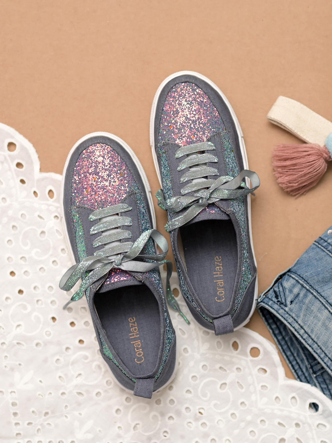 Coral Haze Women Katie Colourblocked Embellished Comfort Sole Contrast Sole Sneakers